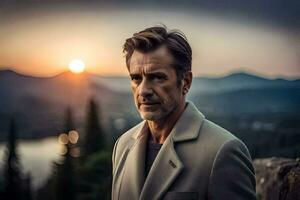 a man in a suit stands on a mountain overlooking a lake. AI-Generated photo