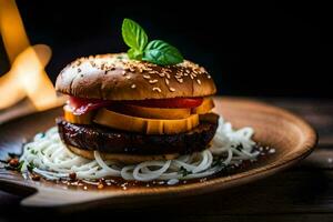 a hamburger with noodles and tomatoes on a wooden plate. AI-Generated photo