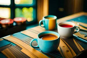 dos tazas de café en un mesa. generado por ai foto