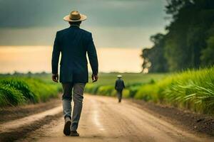 a man in a suit and hat walking down a dirt road. AI-Generated photo