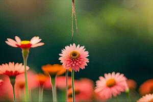 pink flowers are hanging from a string. AI-Generated photo