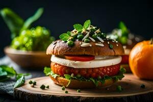 a hamburger with tomatoes, cheese and green vegetables. AI-Generated photo