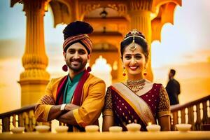 a beautiful couple posing for a photo in traditional attire. AI-Generated