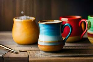 colorful ceramic mugs on a wooden table. AI-Generated photo