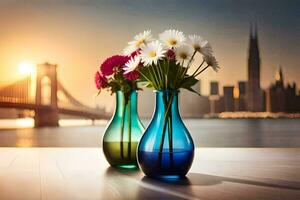 two vases with flowers on a table in front of a city skyline. AI-Generated photo