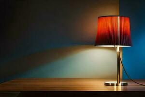 a table lamp with a red shade on it. AI-Generated photo