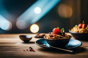 pasta with berries and chocolate on a wooden table. AI-Generated photo