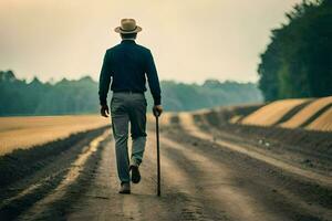 un hombre caminando abajo un suciedad la carretera con un caña. generado por ai foto