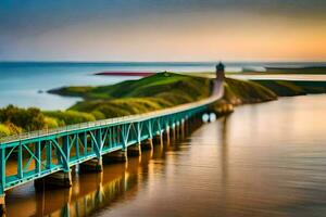 a bridge over the water with a lighthouse in the background. AI-Generated photo