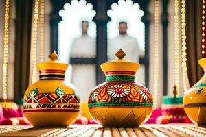 three colorful vases on a table with a window in the background. AI-Generated photo