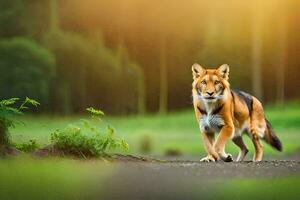 un rojo lobo caminando a través de un campo. generado por ai foto