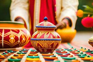 a man is holding a pot with colorful decorations. AI-Generated photo