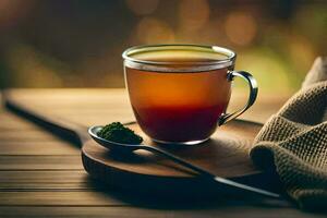 un taza de té en un de madera mesa. generado por ai foto