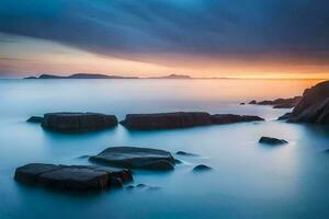 a long exposure photograph of rocks in the ocean. AI-Generated photo