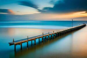 a long exposure photo of a pier in the ocean. AI-Generated