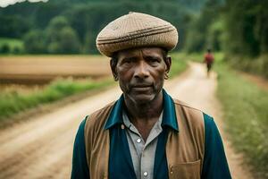 a man wearing a hat stands on a dirt road. AI-Generated photo