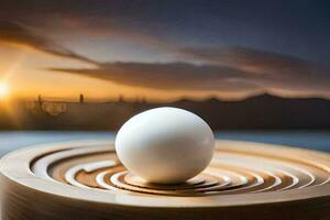 a white ball sits on top of a wooden bowl. AI-Generated photo