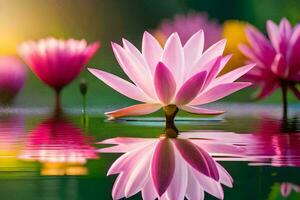 pink lotus flowers in the water with the sun shining. AI-Generated photo