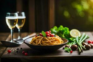 spaghetti with vegetables and a glass of champagne. AI-Generated photo