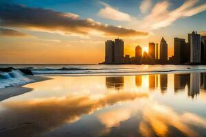 the sun sets over the city skyline in dubai. AI-Generated photo