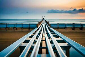 a long exposure photo of a pier at sunset. AI-Generated