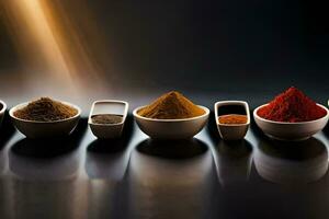 spices in bowls on a black background. AI-Generated photo