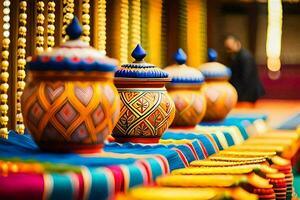 colorful vases are lined up on a table. AI-Generated photo