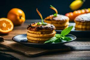 three pancakes on a plate with oranges and mint. AI-Generated photo