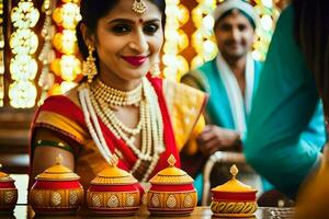 a beautiful indian bride smiles as she holds a red pot. AI-Generated photo
