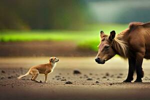 un pequeño perro es en pie siguiente a un caballo. generado por ai foto