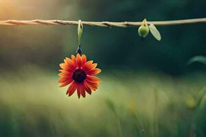 a single orange flower hanging from a wire. AI-Generated photo