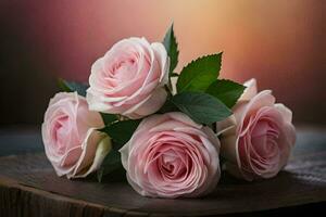 three pink roses on a wooden table. AI-Generated photo