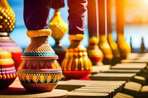 colorful vases are lined up on a wooden board. AI-Generated photo