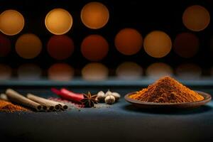 spices and spices on a table with a blurry background. AI-Generated photo