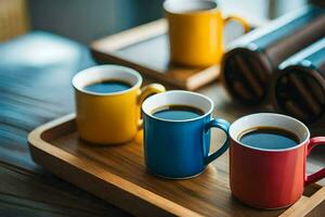 four coffee cups on a wooden tray. AI-Generated photo