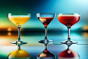three different colored cocktails in glasses on a table. AI-Generated photo