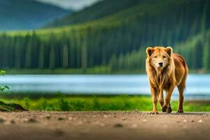 a lion walking on the road near a lake. AI-Generated photo