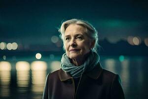 an older woman standing in front of the water at night. AI-Generated photo