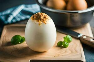 un huevo sentado en un corte tablero con un cuenco de huevos. generado por ai foto