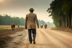 a man in a suit walks down a dirt road with cows. AI-Generated photo