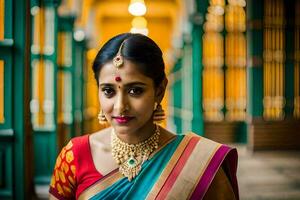 a beautiful indian woman in traditional sari. AI-Generated photo