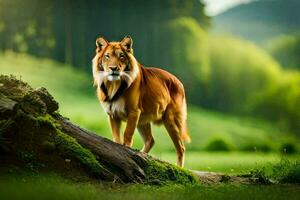 a tiger standing on a log in the middle of a green field. AI-Generated photo