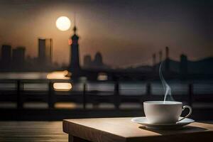 a cup of coffee on a table in front of a city skyline. AI-Generated photo