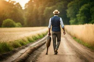 a man walking down a dirt road with a suitcase. AI-Generated photo