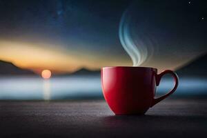 a red cup of coffee on a table with a sunset in the background. AI-Generated photo