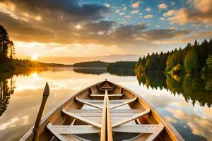 a canoe is floating on a lake at sunset. AI-Generated photo