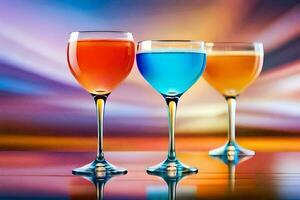 three glasses of colored liquid on a table. AI-Generated photo