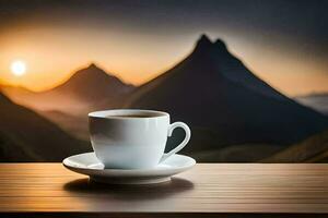 café taza en el mesa con montañas en el antecedentes. generado por ai foto