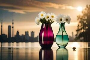 two vases with flowers sitting on a table with a city in the background. AI-Generated photo