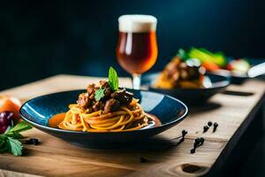 spaghetti with meat and vegetables in a bowl and a glass of beer. AI-Generated photo